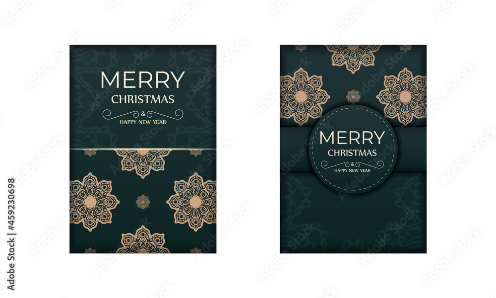 Holiday card Merry christmas in dark green color with vintage yellow ornament Holiday card Merry christmas in dark green color with vintage yellow ornament