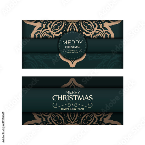 Holiday card Merry christmas in dark green color with vintage yellow pattern