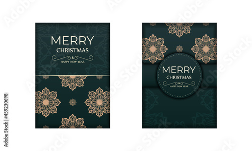 Holiday card Merry christmas in dark green color with vintage yellow ornament