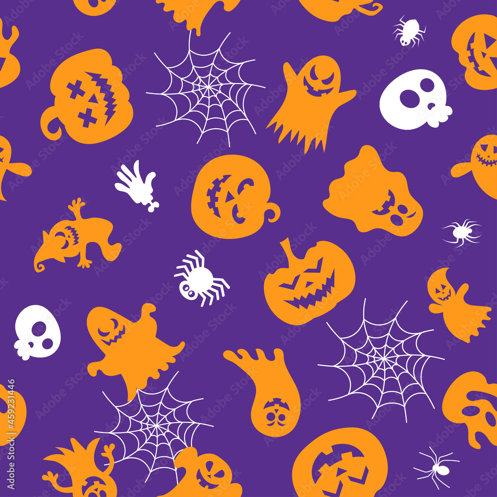 Seamless vector pattern for Halloween design. Halloween symbols: pumpkin, spider, ghost in cartoon style. Vector Illustration