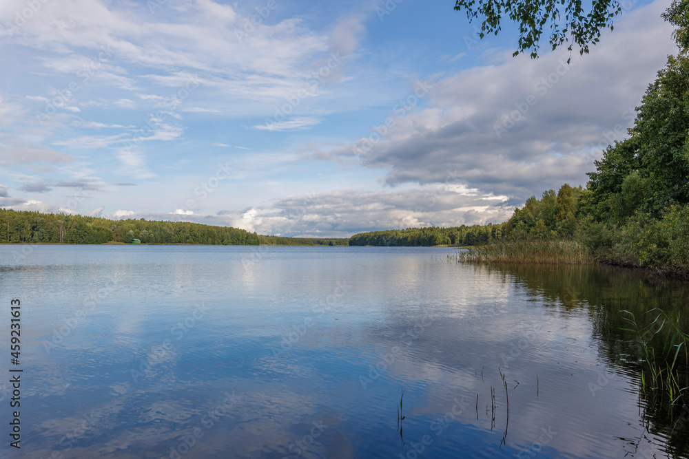 Sunny day on a calm river in summer. The blue sky is reflected in the water. Landscape with a lake and a strip of forest on the horizon.
