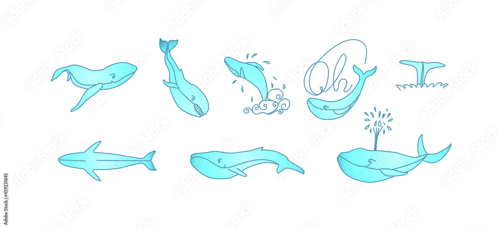 Blue whales set. Whales vector hand drawn illustration.