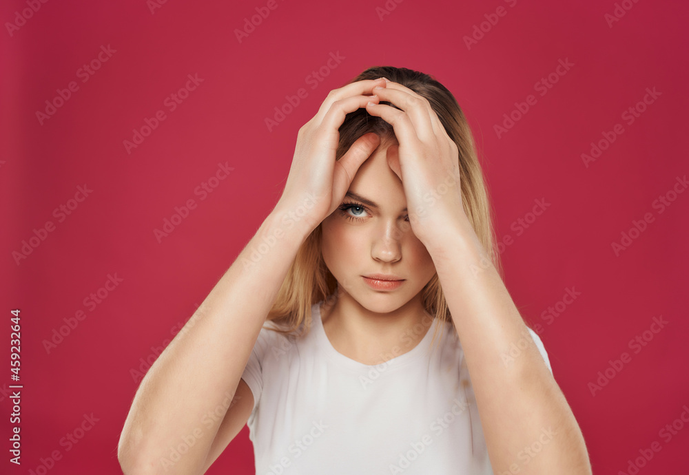 pretty woman in a white positive posing joy smile pink background pretty woman in a white positive posing joy smile pink background