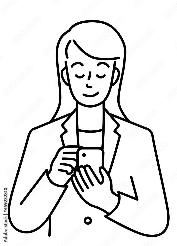 Upper body of a young woman in a suit playing with her phone (line) Upper body of a young woman in a suit playing with her phone (line)