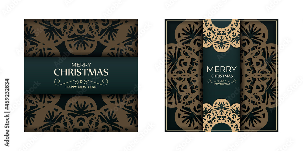 Fototapeta premium Postcard template Merry christmas in dark green color with luxurious yellow ornament