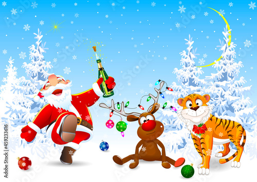 Santa  deer and tiger celebrate Christmas. Santa  deer and tiger in the winter forest. Winter snowy night on Christmas Eve