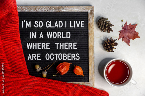 Cup of tea, felt board with message I am so glad I live in a world where there are Octobers. Colorful autumn top view mock up. photo