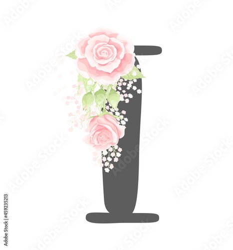 Vector floral alphabet letter I with pink cream rose flowers and green leaves