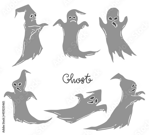 Ghost character. Halloween scary ghostly monster, dead boo spook and cute funny boohoo spooky fly anima or horror curious devil phantom costume isolated cartoon vector icon set, doodle