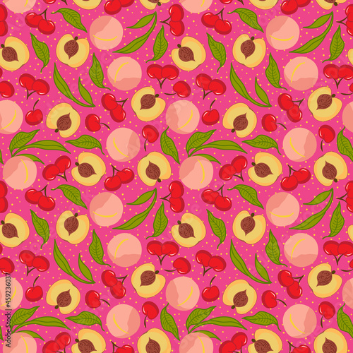 Fruit mix seamless vector pattern - pink background design