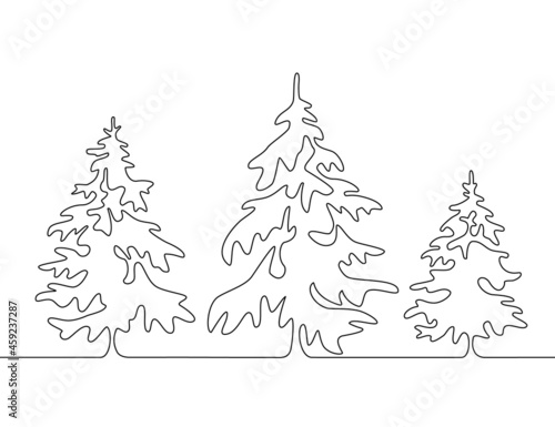 Christmas trees in a contoured style. Linear art. Vector on an isolated white background. Hand-drawn illustrations in one line for natural, festive decor, background, cover, postcards.