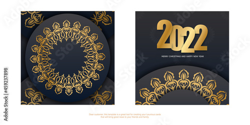 2022 holiday card Happy new year black color with winter gold ornament