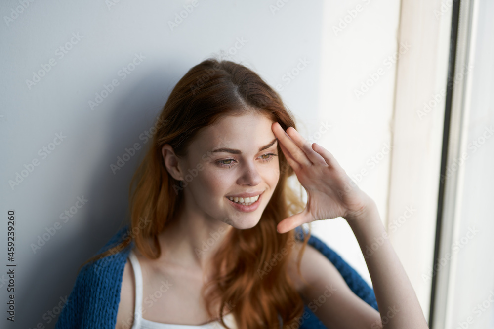 woman attractive look with a blue plaid dreamy look woman attractive look with a blue plaid dreamy look