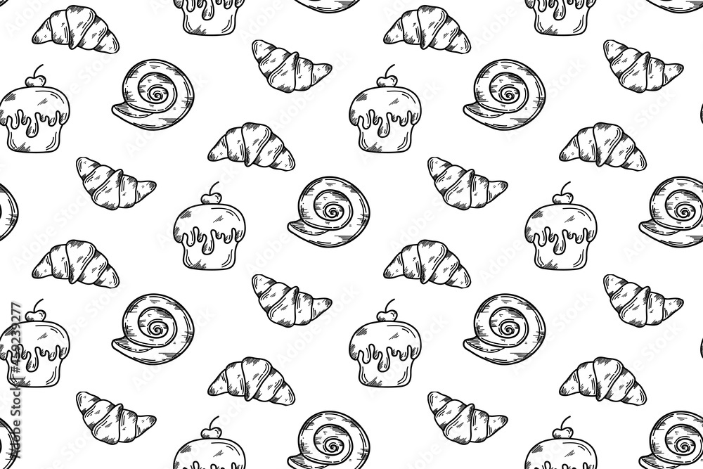 Vector rectangular pattern with croissants, cupcake, bun in doodle style. A pattern with pastries for cafes, menus, packaging, postcards.