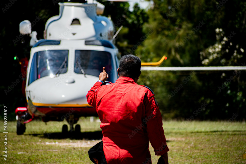 Fototapeta premium Rappelling and Helicopter maneuvers by the fire department.