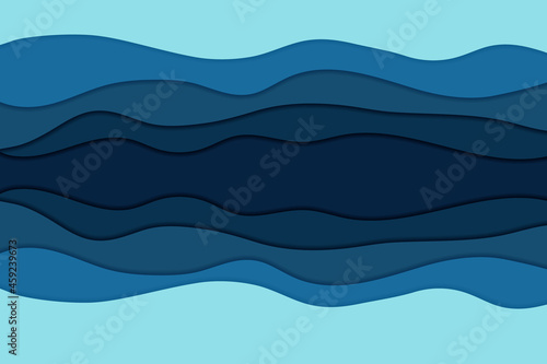 Paper cut river and fish.Top view of the water stream, shore and green bushes and forest.