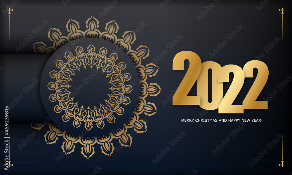Fototapeta premium Postcard template 2022 Merry christmas black with vintage gold ornament