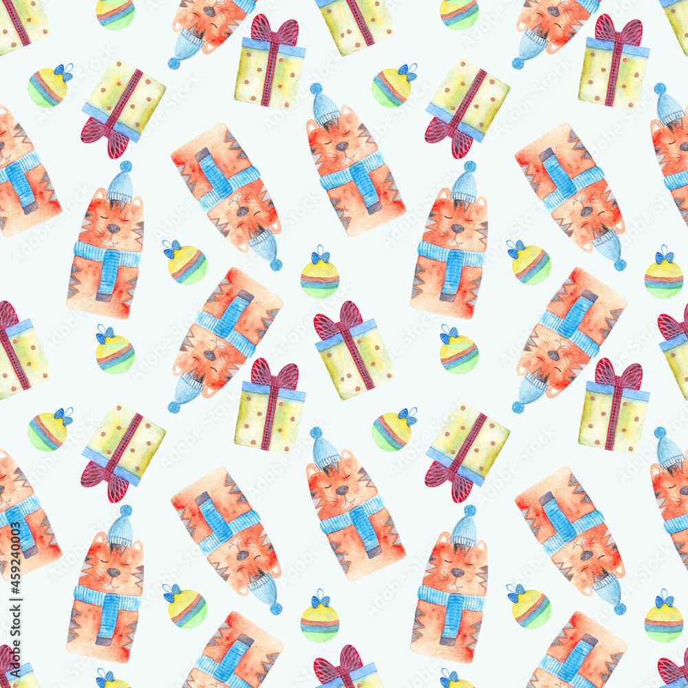 New Year's pattern in watercolor. Tiger. New Year's pattern in watercolor. Tiger.
