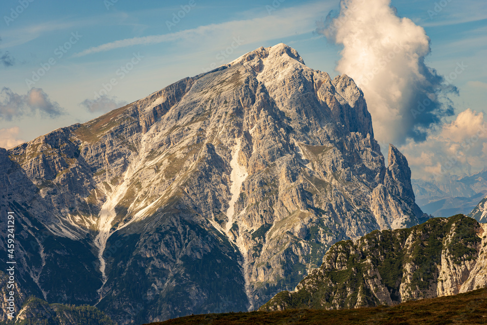 Mountain peak of Picco di Vallandro or Durrenstein, 2839 m., Braies Dolomites (Dolomiti di Braies or Pragser Dolomiten, seen from Tre Cime di Lavaredo, Bolzano, Trentino-Alto Adige, Italy, Europe.