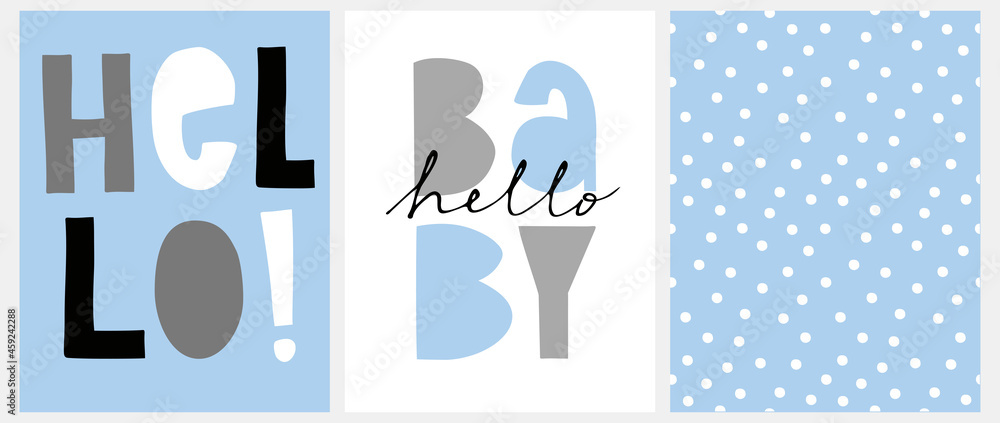 Cute Nursery Vector Art with Handwritten Hello and Hello Baby  ideal for Card, Wall Art, Poster, Baby Shower Decoration. Funny Abstract Seamless Pattern with Irregular Dots on a Light Blue Background.