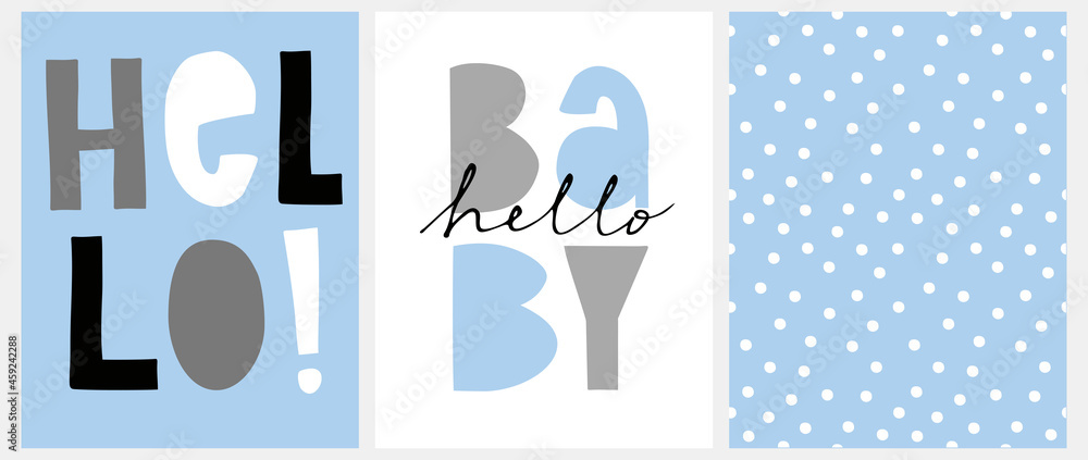 Cute Nursery Vector Art with Handwritten Hello and Hello Baby ideal for Card, Wall Art, Poster, Baby Shower Decoration. Funny Abstract Seamless Pattern with Irregular Dots on a Light Blue Background. Cute Nursery Vector Art with Handwritten Hello and Hello Baby ideal for Card, Wall Art, Poster, Baby Shower Decoration. Funny Abstract Seamless Pattern with Irregular Dots on a Light Blue Background.