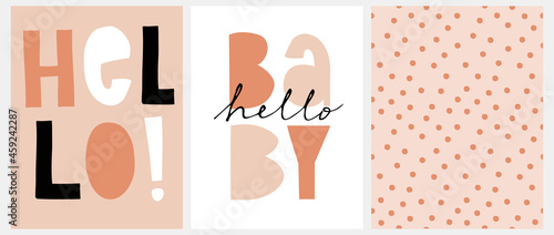 Cute Nursery Vector Art with Handwritten Hello and Hello Baby  ideal for Card, Wall Art, Poster, Baby Shower Decoration. Funny Abstract Seamless Pattern with Irregular Dots on a Blush Pink Background.