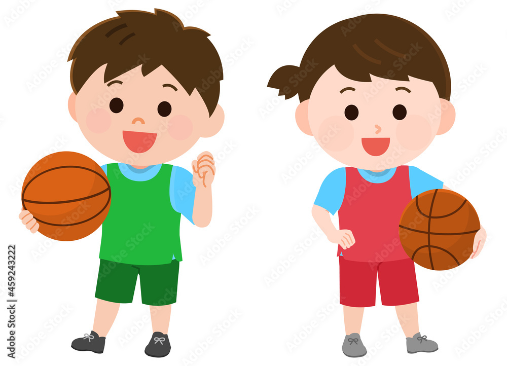 バスケットボールをする男の子と女の子　立つポーズ　イラスト