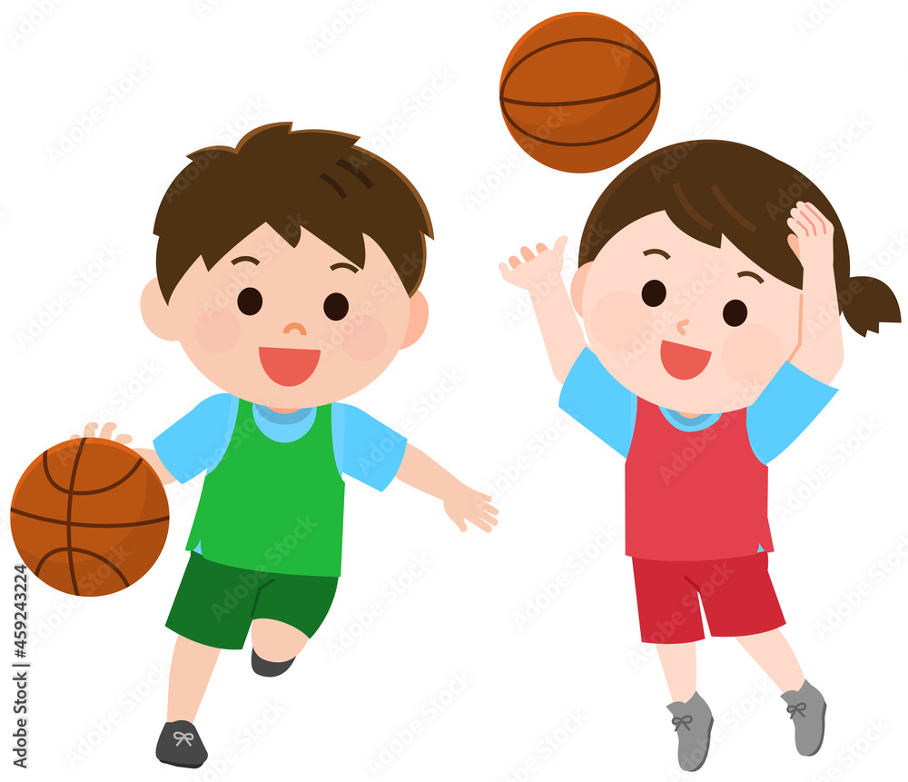 バスケットボールをする男の子と女の子　イラスト