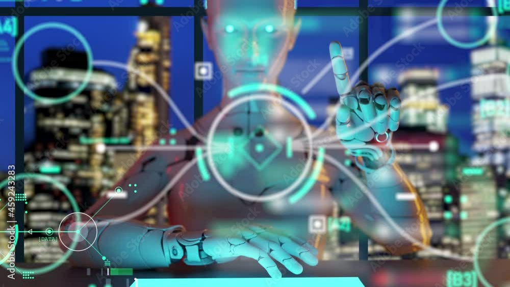 Future digital technology home robot assistance, 3D robot with futuristic artificial intelligence program interface and hi-tech city background.