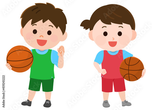 バスケットボールをする男の子と女の子　立つポーズ　イラスト