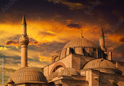 Konstfotografi Beautiful historical Selimiye Mosque | Sultan Selim Camii in front of dramatic sunset in Konya, Turkey