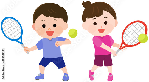 テニスをする男の子と女の子　イラスト