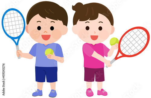 テニスをする男の子と女の子　立つポーズ　イラスト