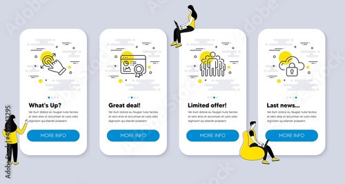 Set of Technology icons, such as Seo certificate, Touchscreen gesture, Group icons. UI phone app screens with people. Cloud protection line symbols. Statistics, Drag drop, Managers. Vector