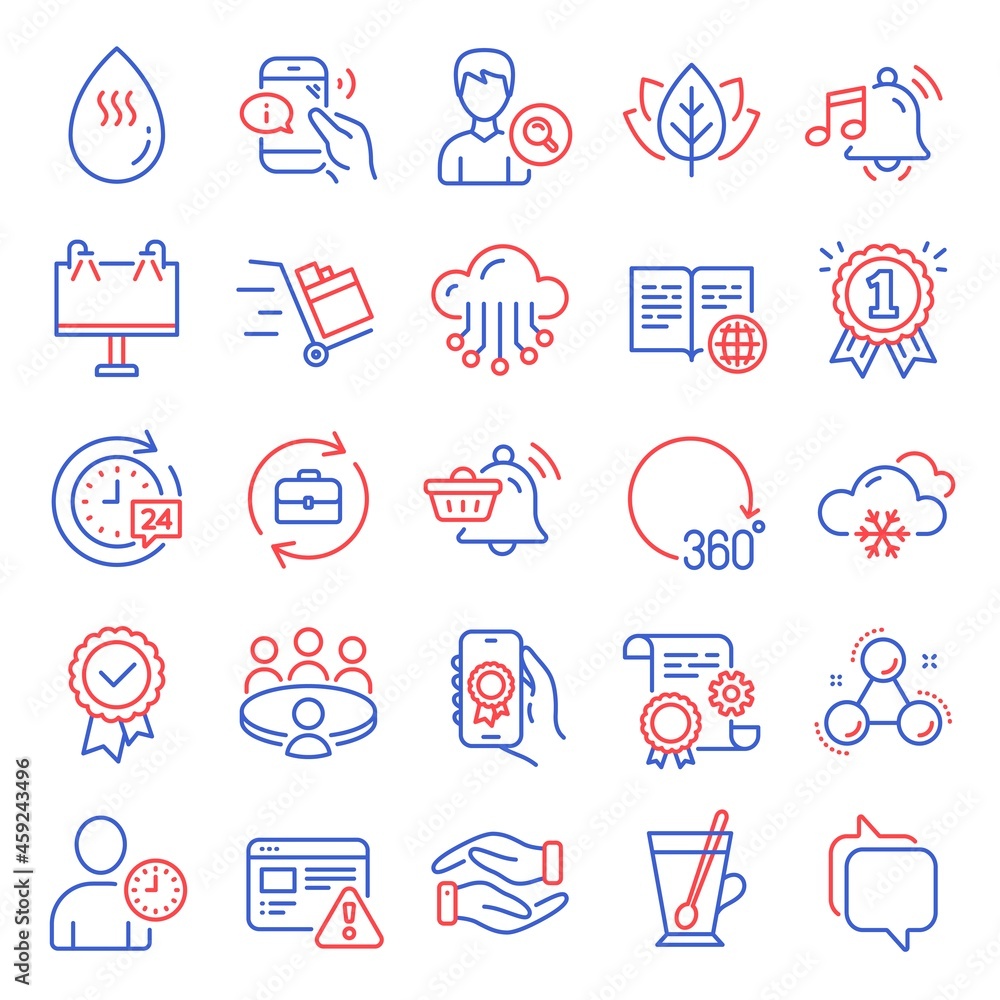 Business icons set. Included icon as Alarm sound, Time management, Road banner signs. Organic tested, Search people, Helping hand symbols. Cloud storage, Push cart, Reward. Meeting. Vector