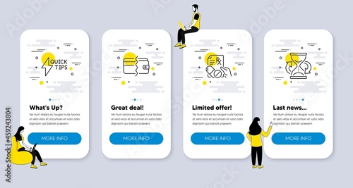 Vector Set of Business icons related to Quickstart guide, Payment methods and Prescription drugs icons. UI phone app screens with people. Hourglass line symbols. Vector
