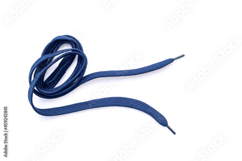 Dark-blue, blue shoelaces isolated on white, crumpled laces, top view