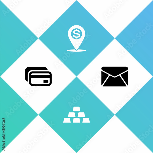 Set Credit card, Gold bars, Cash location pin and Envelope icon. Vector