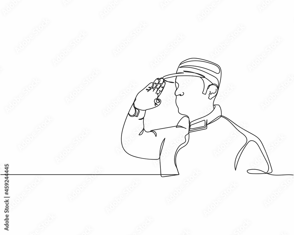 Obraz premium Continuous one line drawing of soldier saluting icon in silhouette on a white background. Linear stylized.