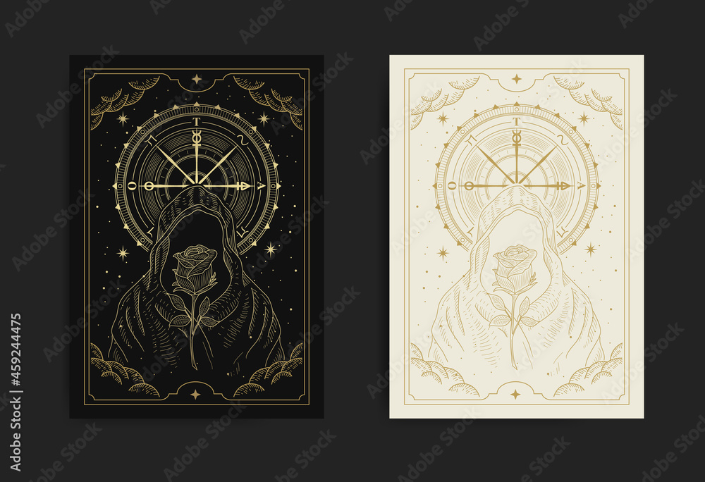 Faceless wizard or sorcerer with rose flower and wheel of fortune in golden engraving, hand drawn, line art, luxury, celestial, esoteric, boho style Faceless wizard or sorcerer with rose flower and wheel of fortune in golden engraving, hand drawn, line art, luxury, celestial, esoteric, boho style