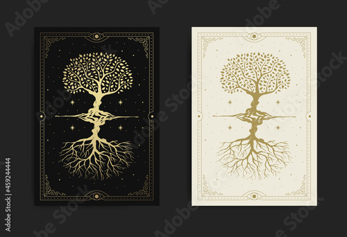 Magical and mystical sacred tree reflected or mirroring at starry night sky in golden engraving, hand drawn, line art, luxury, celestial, esoteric, boho style
