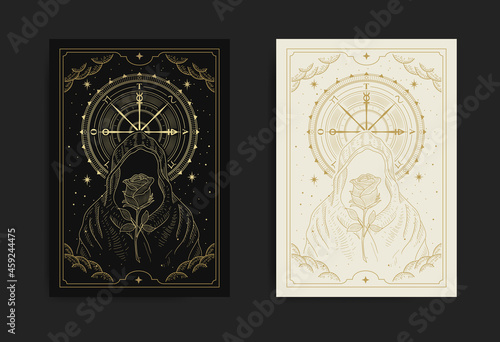 Faceless wizard or sorcerer with rose flower and wheel of fortune in golden engraving, hand drawn, line art, luxury, celestial, esoteric, boho style photo