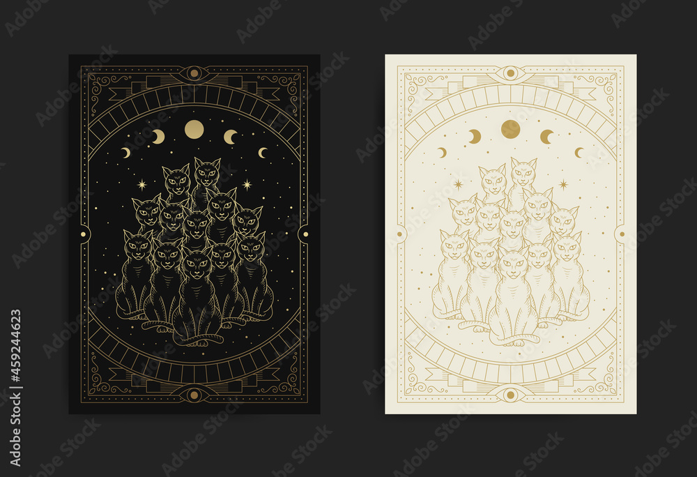 Ten mystical and magical black cats, mythological animals at starry night in engraving, hand drawn, line art, luxury, celestial, esoteric, boho style - obrazy, fototapety, plakaty 