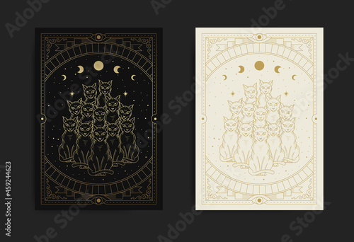 Ten mystical and magical black cats, mythological animals at starry night in engraving, hand drawn, line art, luxury, celestial, esoteric, boho style