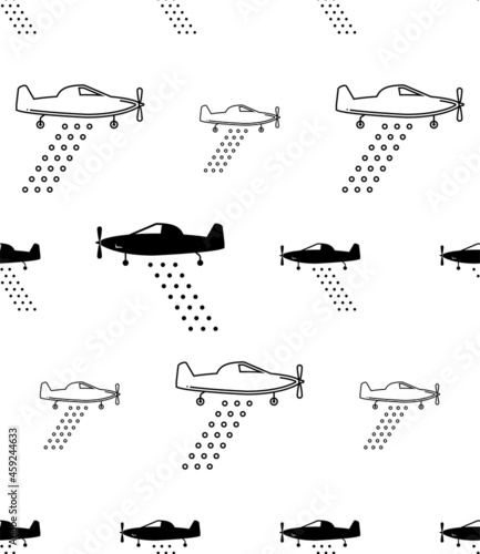 Crop Duster Icon Seamless Pattern, Aircraft Spray Pesticides Fertilizer On Crop