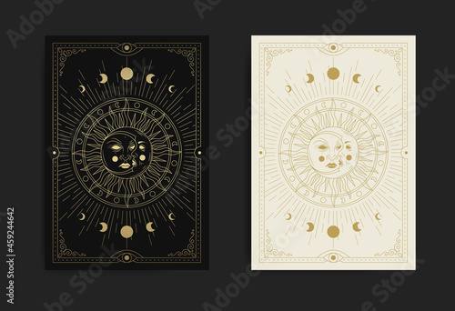 Moon and sun face with luxurious detailed patterns & geometric shapes in engraving, hand drawn, line art, luxury, celestial, esoteric, boho style photo