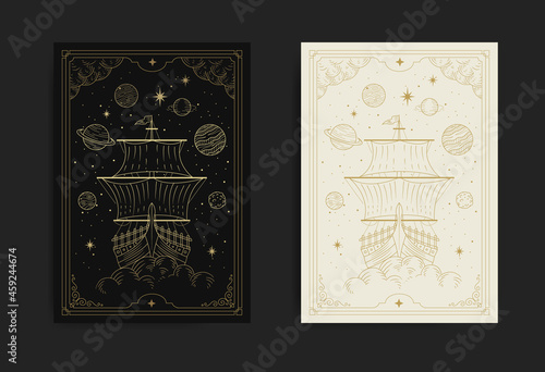 Vintage ship floating at space full of stars and planets in engraving, hand drawn, line art, luxury, celestial, esoteric, boho style