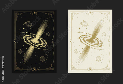 Mystical black hole at starry space in golden engraving, hand drawn, line art, luxury, celestial, esoteric, boho style