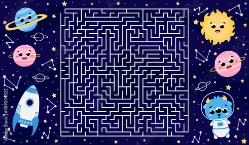 Space square labyrinth game with cute planets and sun, alien astronaut and flying spaceship in cartoon style for kids