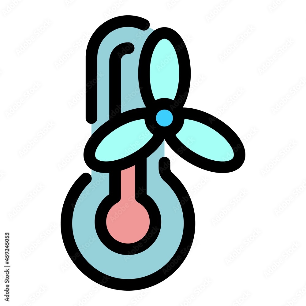 Thermometer and fan icon. Outline thermometer and fan vector icon color flat isolated